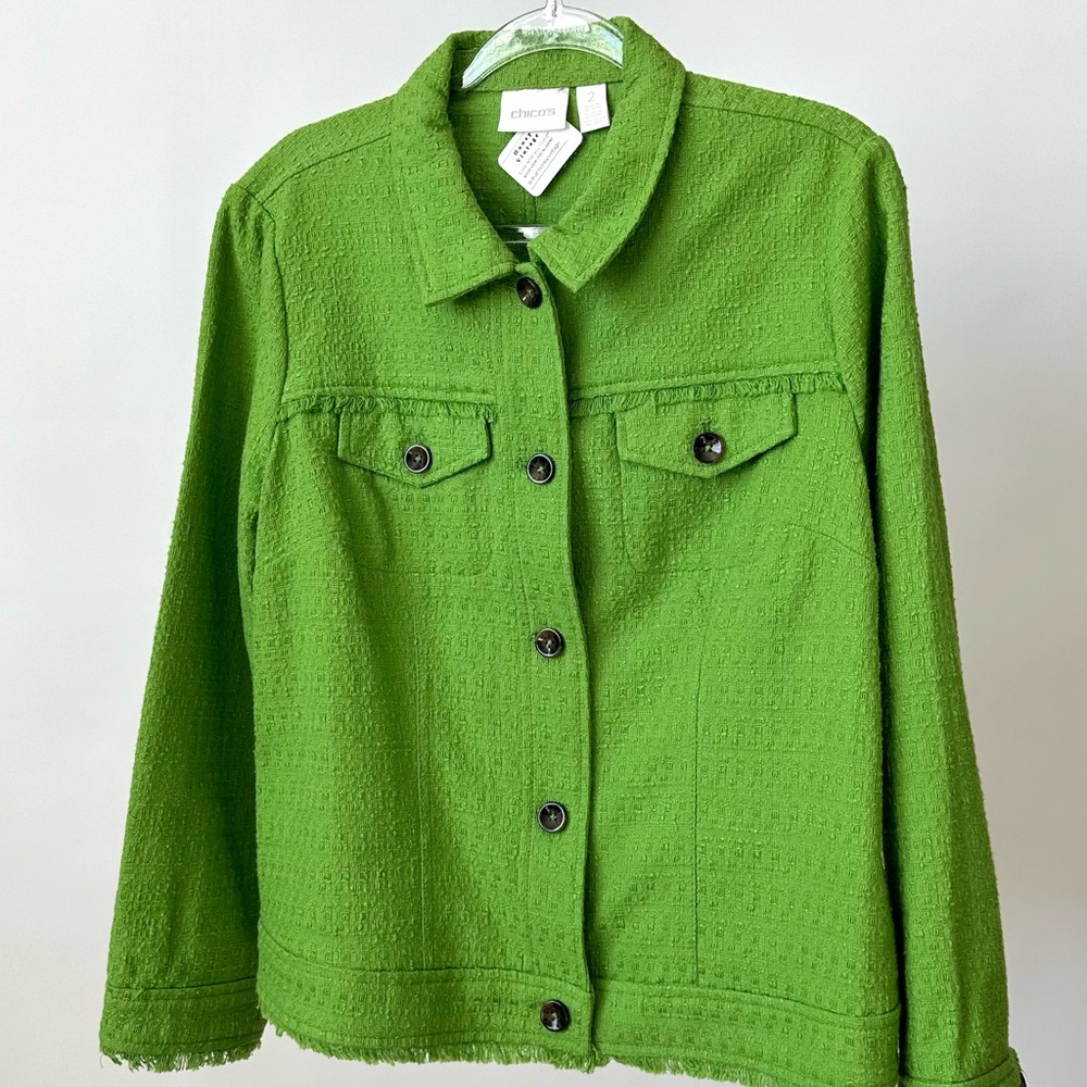VINTAGE CHICOS Green Tweed Cotton Jacket Chic Fall/Winter Coat Size-2, US M